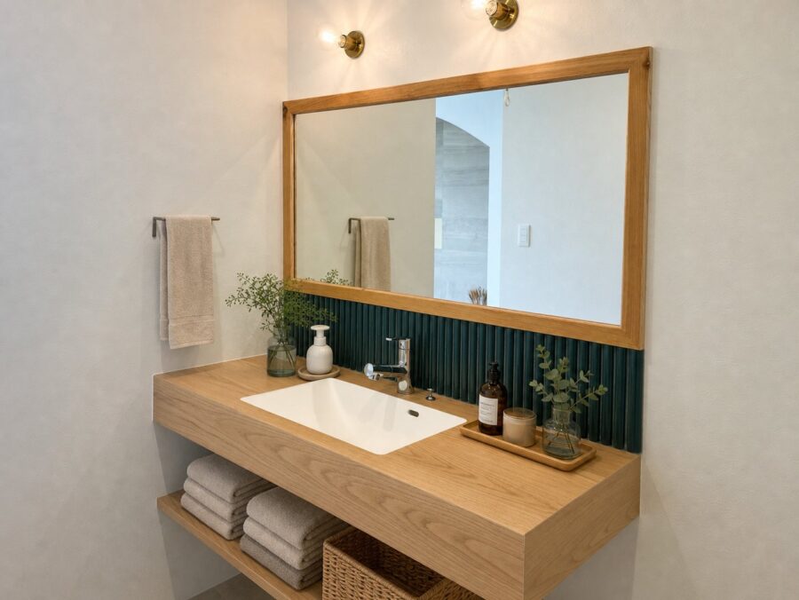 ナチュラル×ホワイトでまとまる、造作洗面台と収納